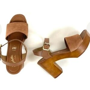 Seychelles Jump For Joy Cognac Suede & Wood Platform Sandal Chunky Heel Clog 9.5